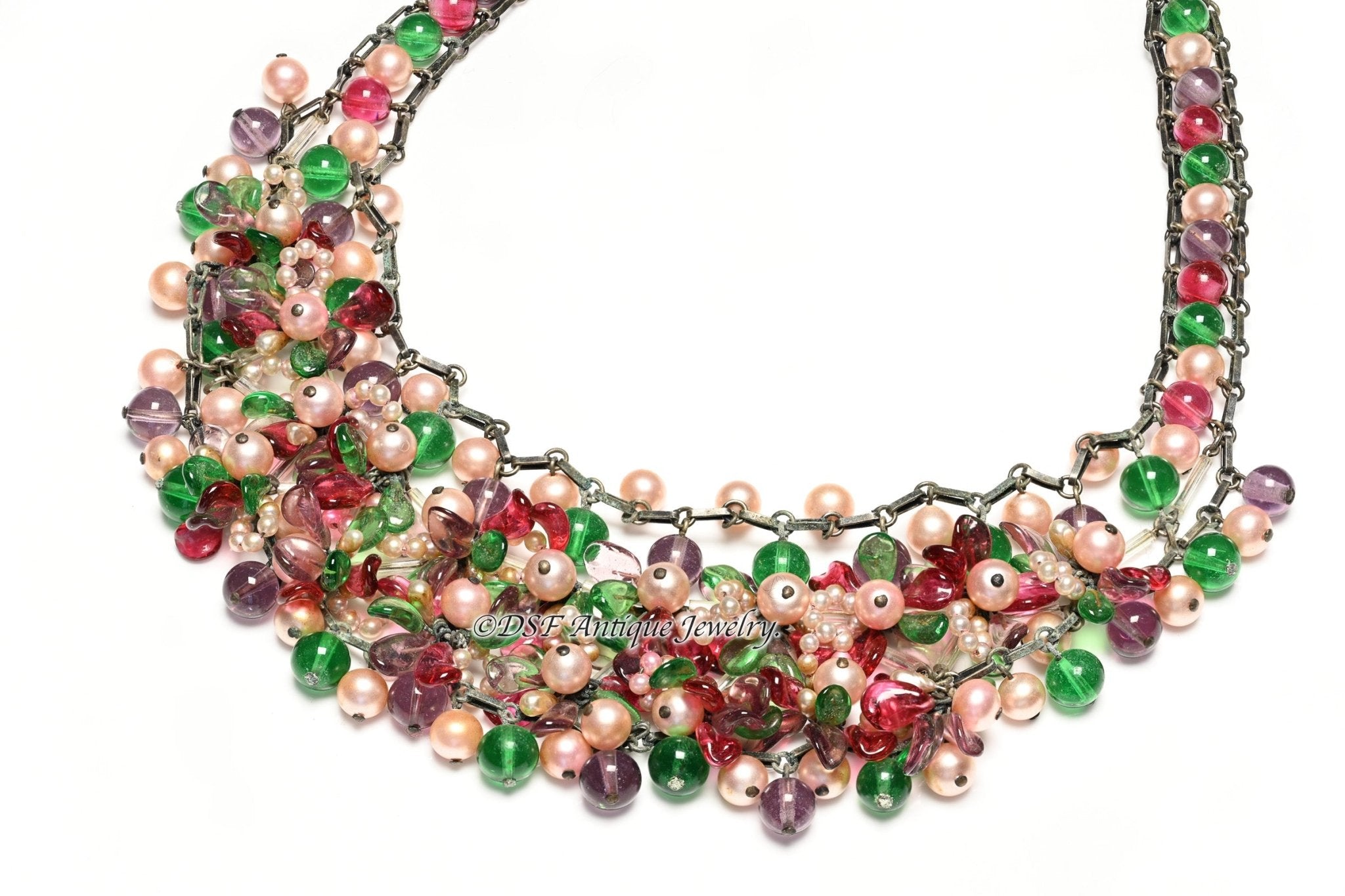 Chanel Paris by Louis Rousselet 1930’s Red Green Purple Glass Pearl Beads Necklace