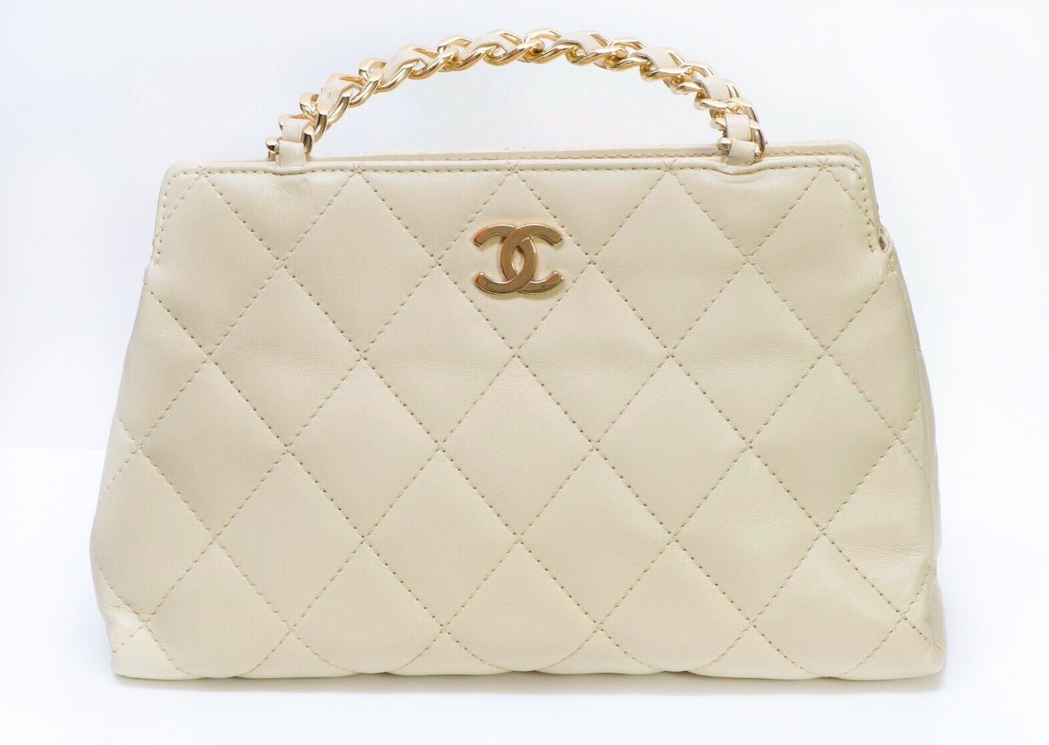 CHANEL Paris CC Beige Quilted Leather Chain Double Handle Bag