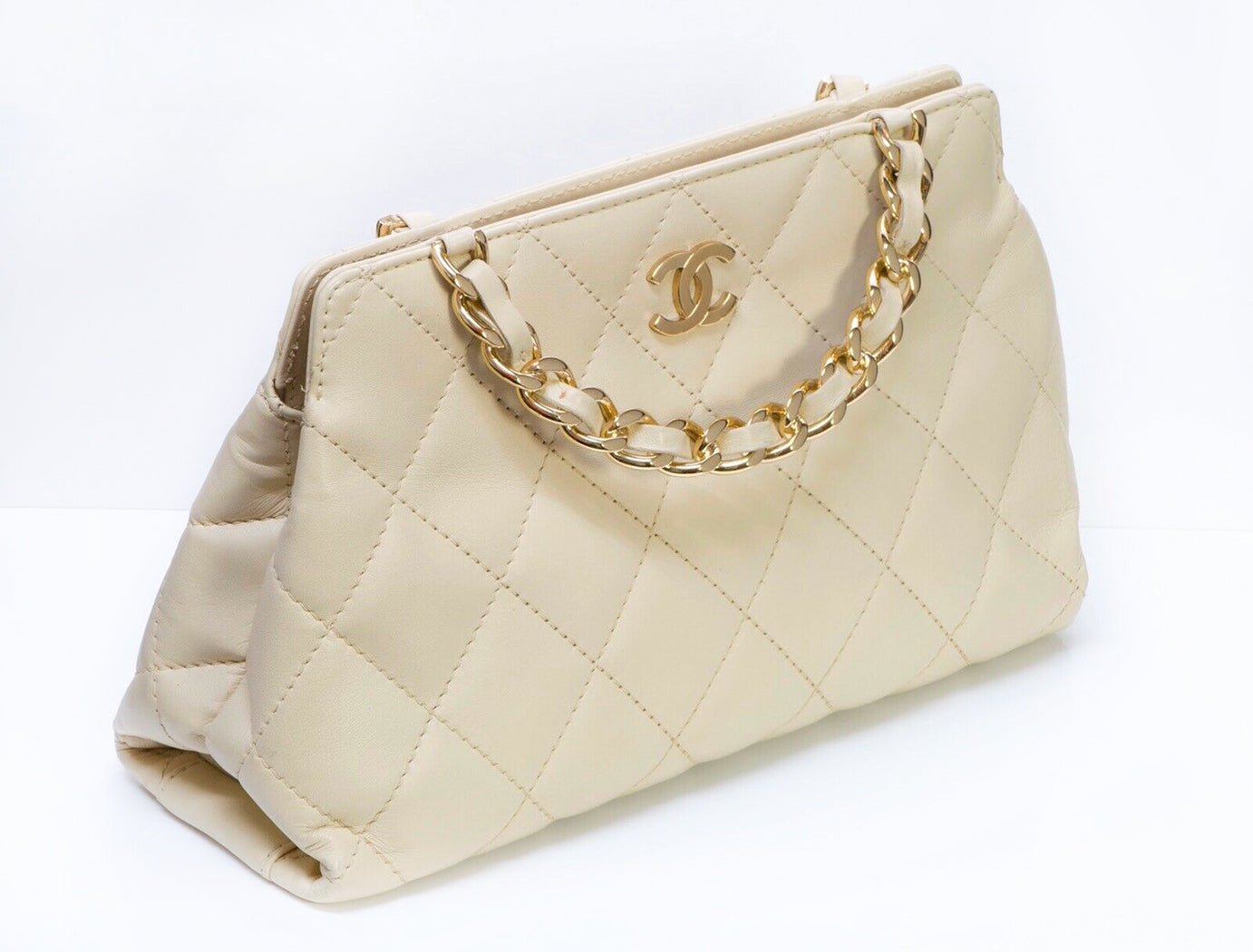CHANEL Paris CC Beige Quilted Leather Chain Double Handle Bag