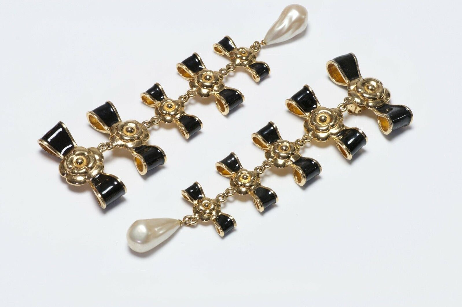 CHANEL Paris Extra Long Black Enamel Bows Camellia Pearl Earrings