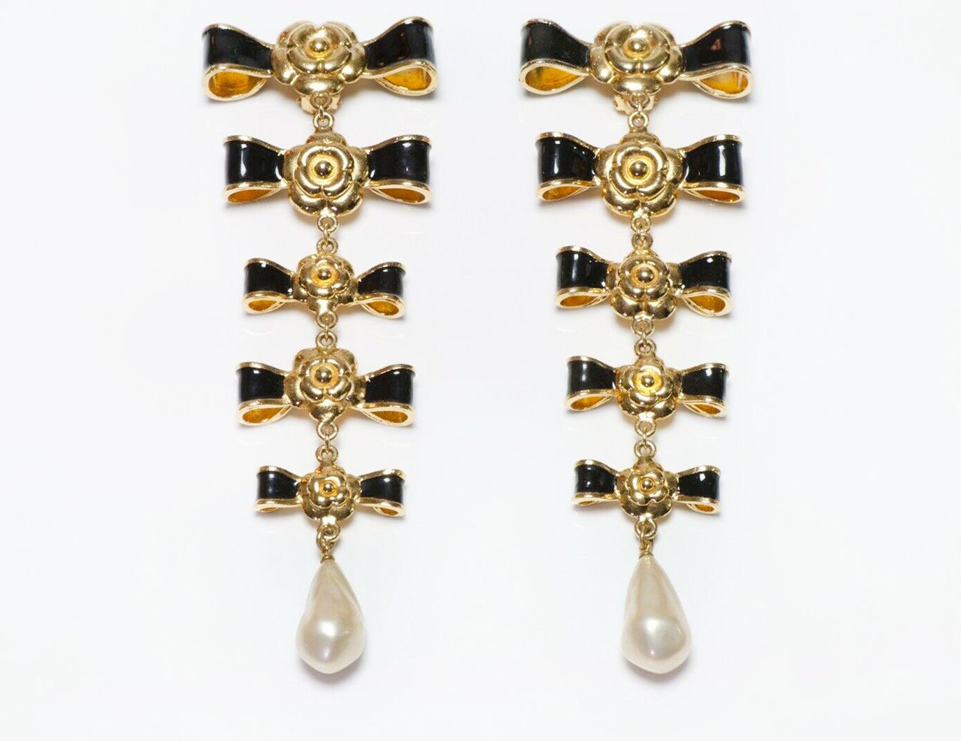 CHANEL Paris Extra Long Black Enamel Bows Camellia Pearl Earrings