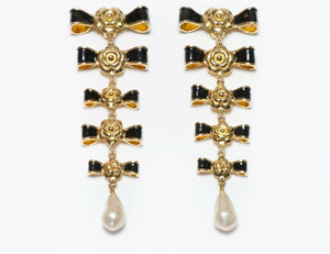 CHANEL Paris Extra Long Black Enamel Bows Camellia Pearl Earrings