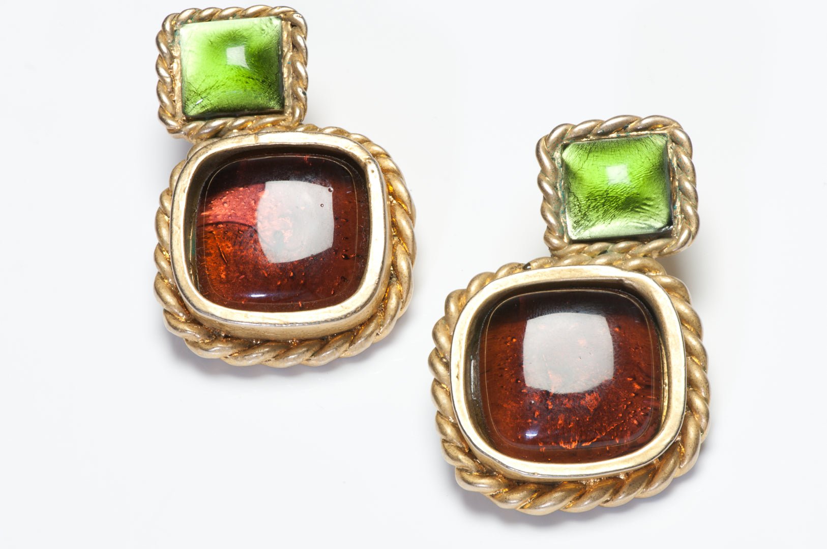 Chanel Paris Fall 1991 Maison Gripoix Red Green Poured Glass Earrings