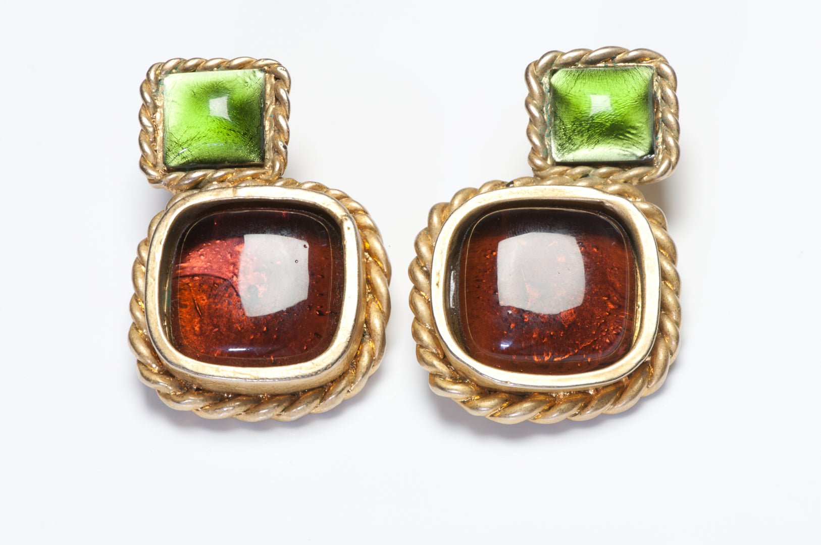 Chanel Paris Fall 1991 Maison Gripoix Red Green Poured Glass Earrings