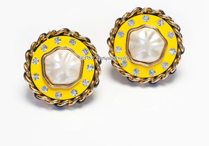 Chanel Paris Fall 1991 Yellow Resin Pearl Crystal Leather Chain Earrings