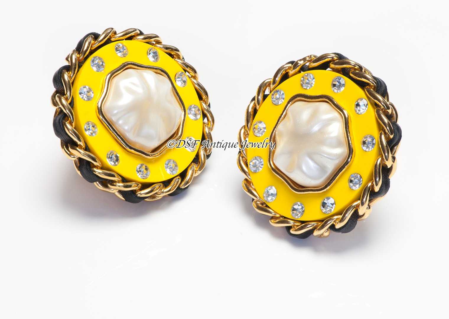 Chanel Paris Fall 1991 Yellow Resin Pearl Crystal Leather Chain Earrings