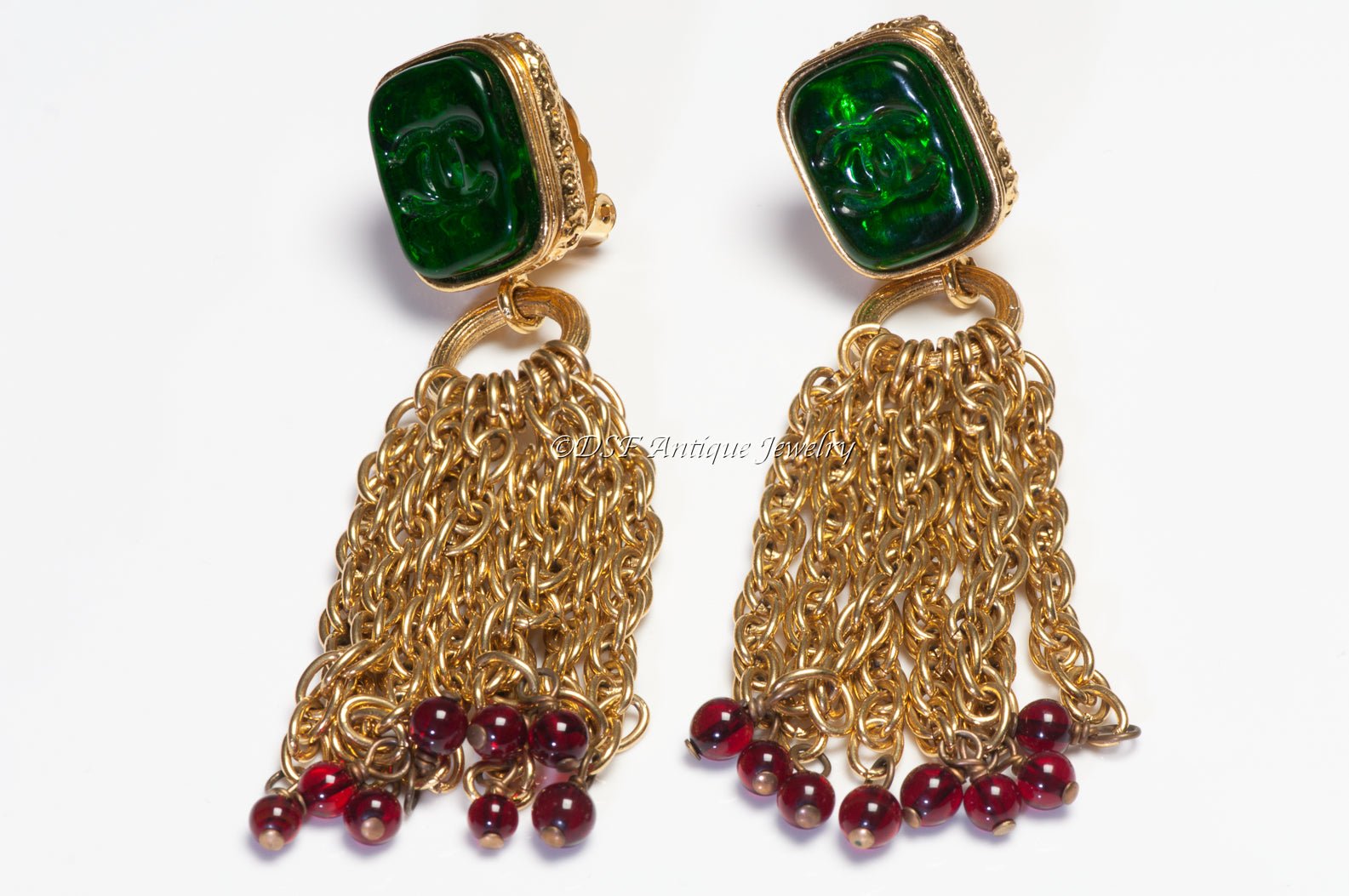 CHANEL Paris Fall 1993 Gripoix Red Green CC Glass Tassel Earrings