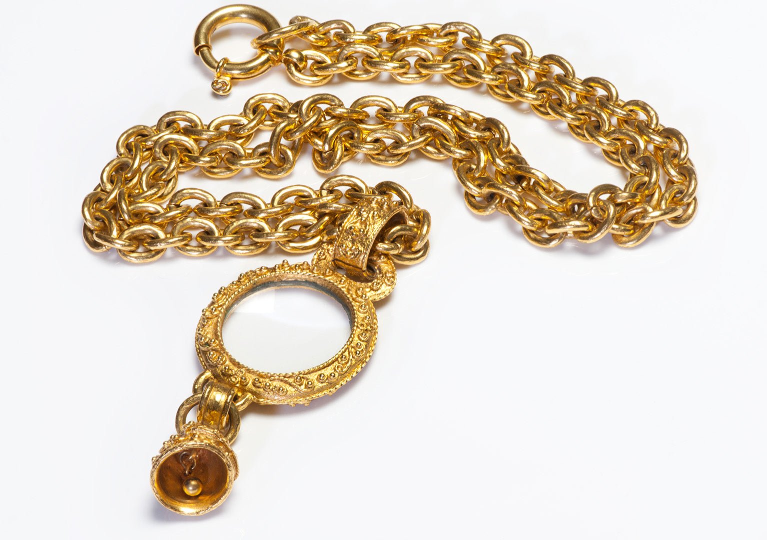 Chanel Paris Fall 1994 CC Gold Plated Magnifying Glass Bell Pendant Necklace - DSF Antique Jewelry