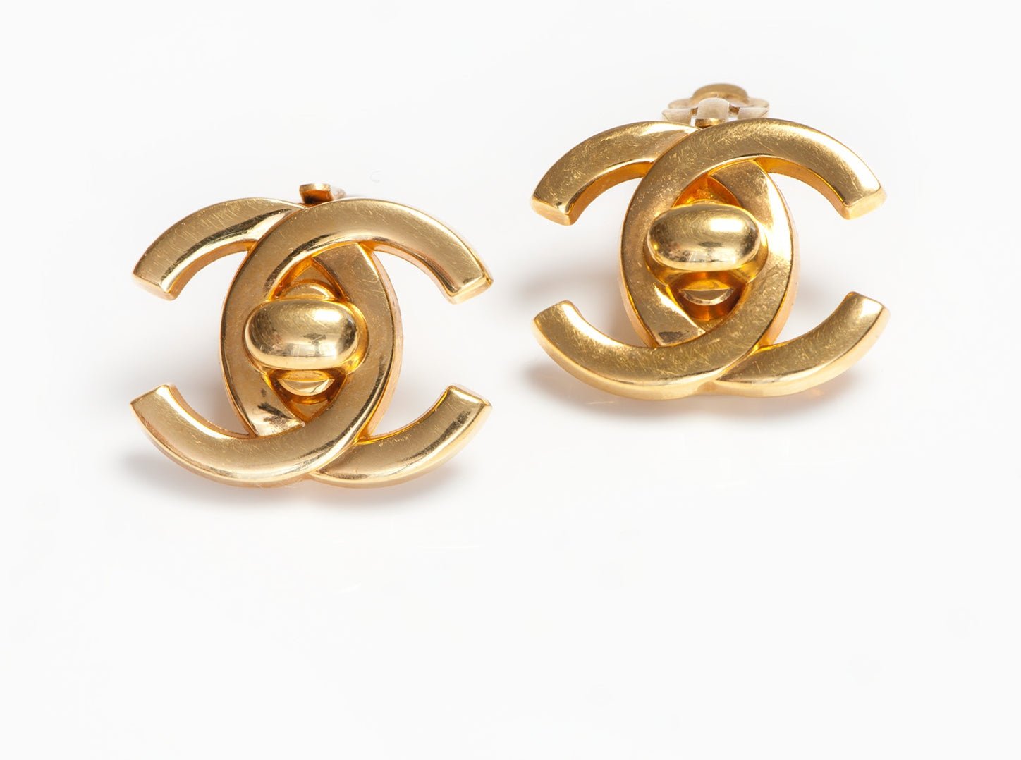Chanel Paris Fall 1995 Gold Plated CC Turnlock Earrings