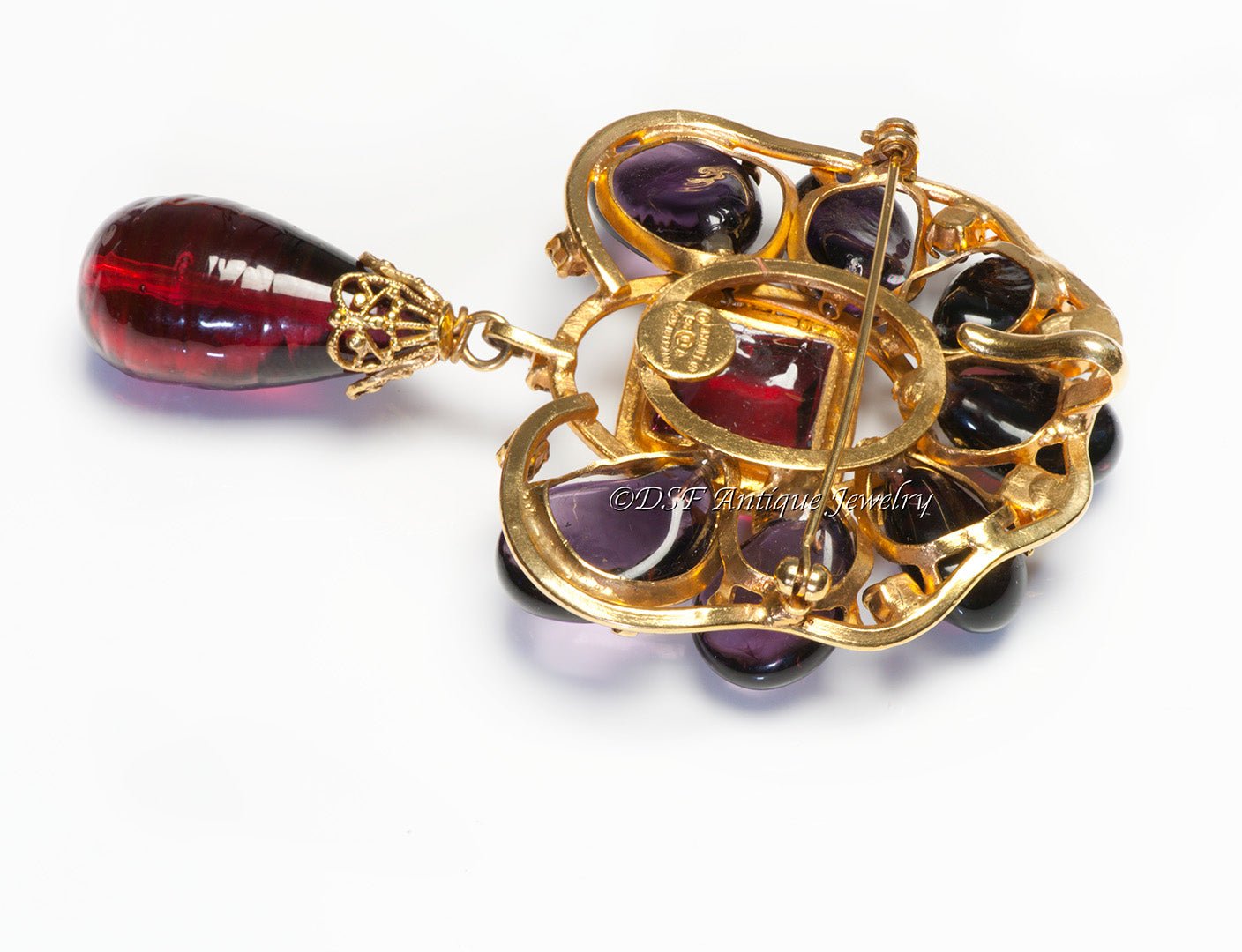 Chanel Paris Fall 1996 Maison Gripoix Purple Red Poured Glass Pendant Brooch - DSF Antique Jewelry