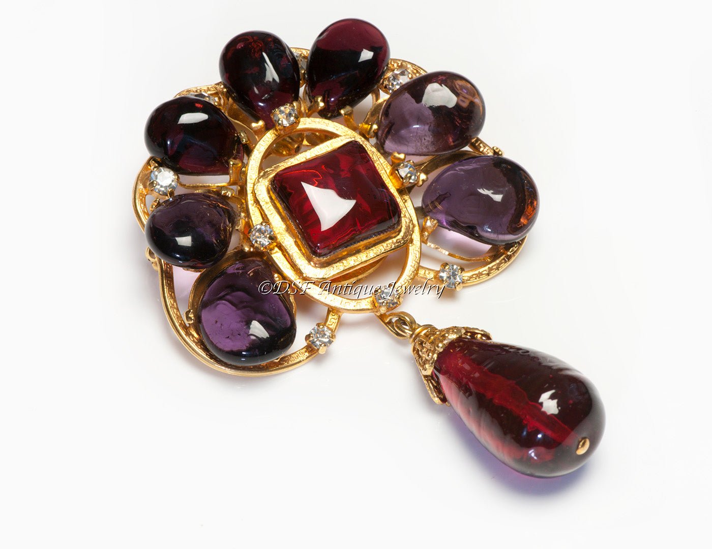 Chanel Paris Fall 1996 Maison Gripoix Purple Red Poured Glass Pendant Brooch - DSF Antique Jewelry