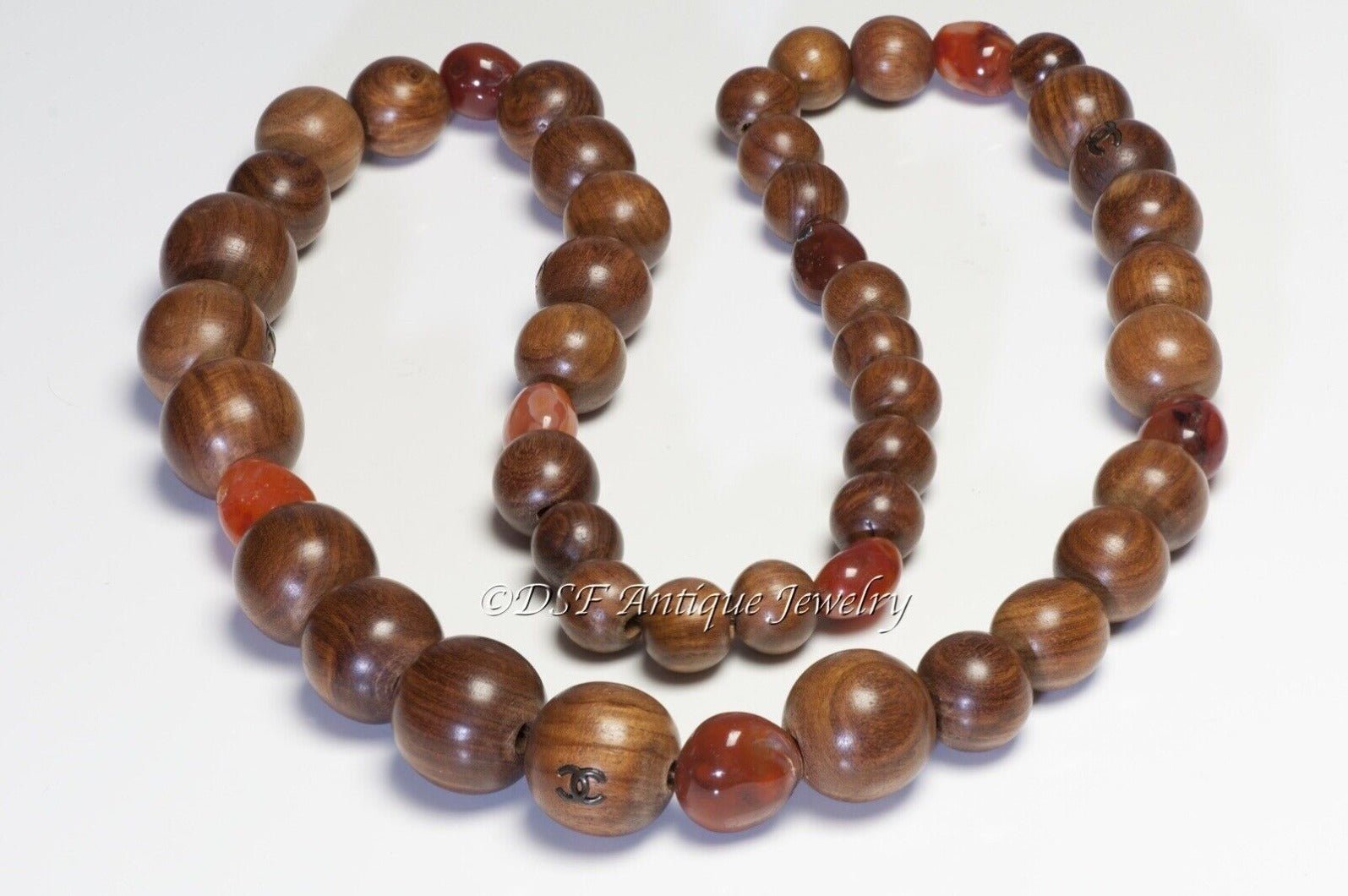 CHANEL Paris Fall 1998 Brown Wood Agate CC Beads Necklace