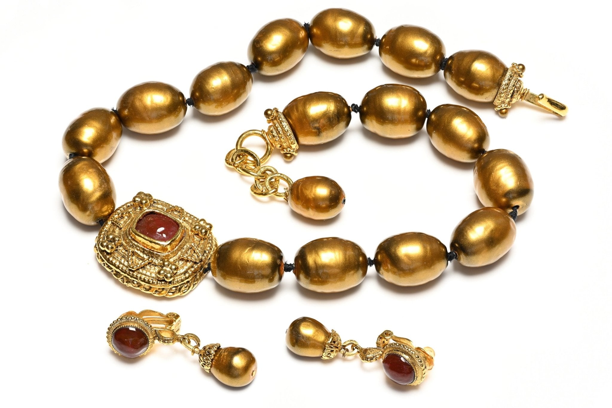 Chanel Paris Fall 1999 Byzantine Style Gripoix Red Glass Gold Pearl Necklace Earrings Set