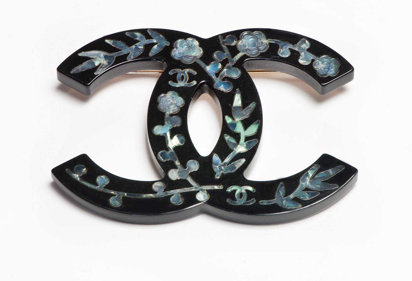 Chanel Paris Fall 2010 CC Black Resin Inlaid Mother of Pearl Camellia Brooch