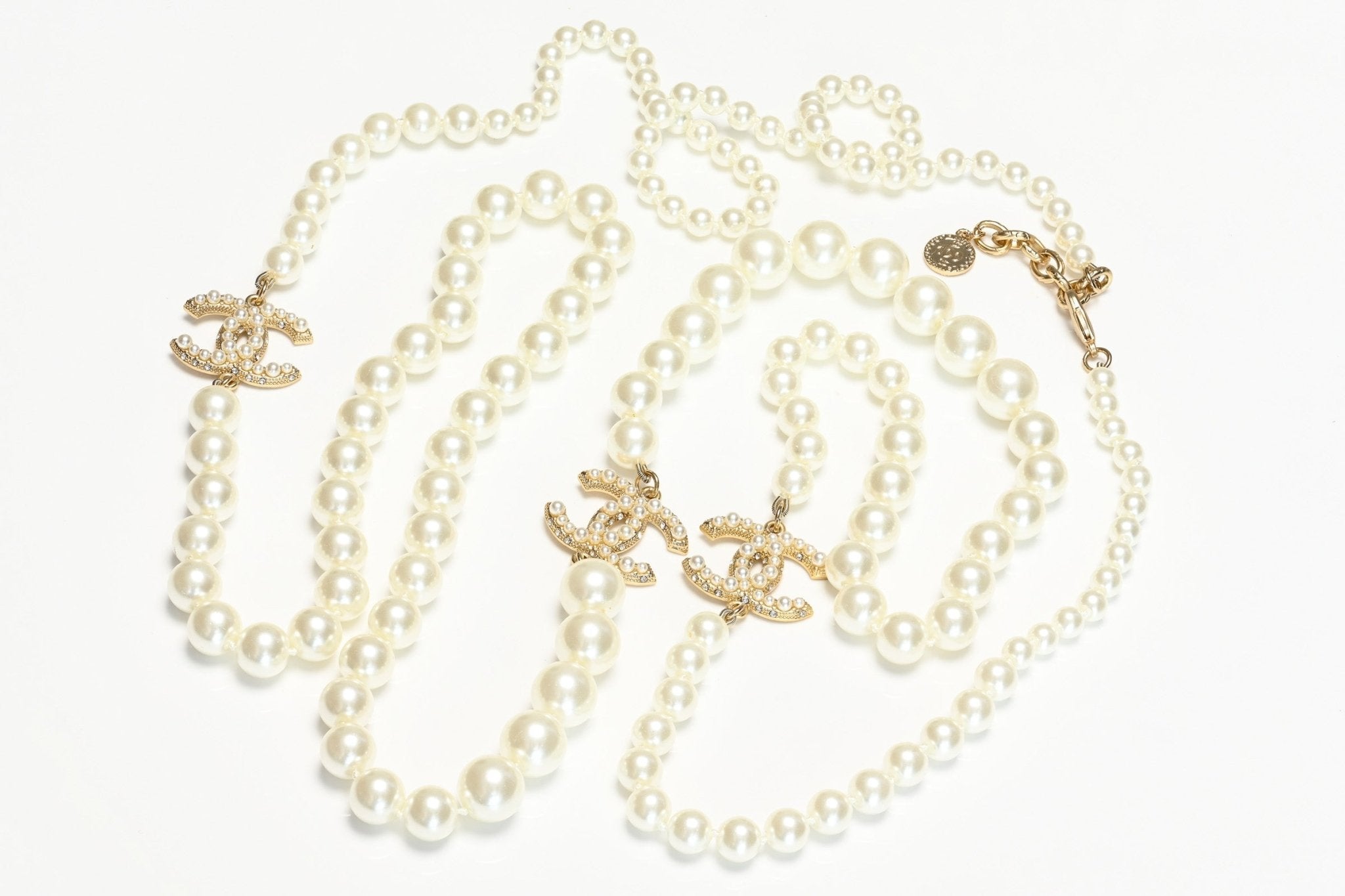 Chanel Paris Fall 2020 100th Anniversary Pearl CC Crystal Sautoir Necklace