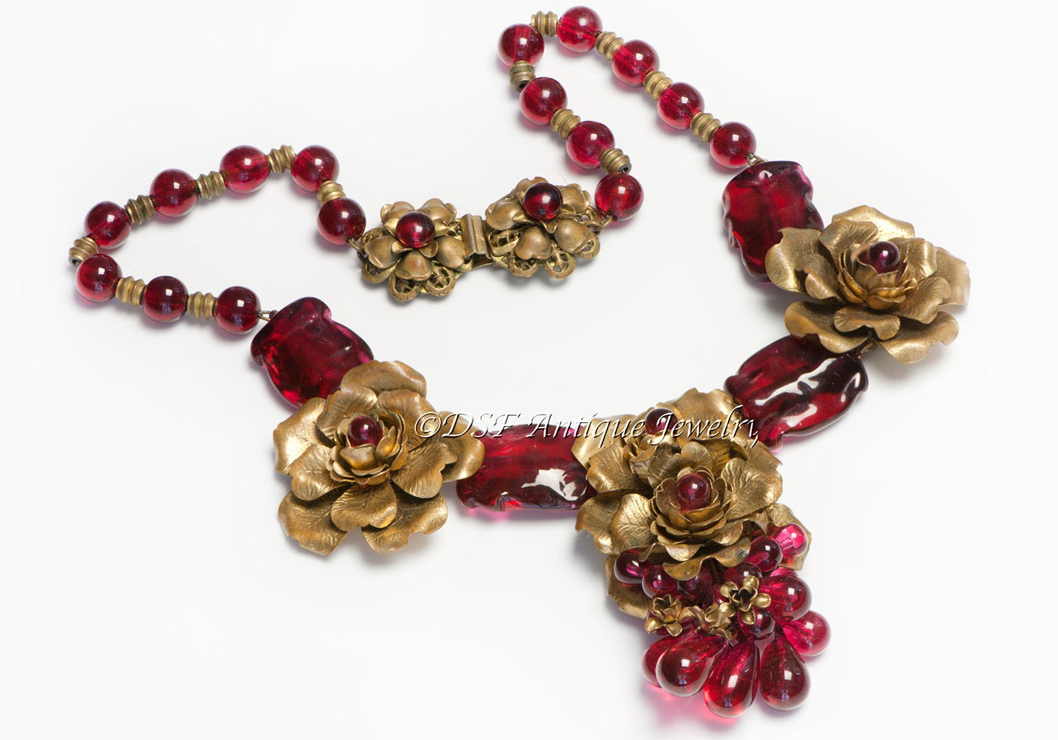 Chanel Paris Louis Rousselet 1930's Red Poured Glass Camellia Necklace - DSF Antique Jewelry