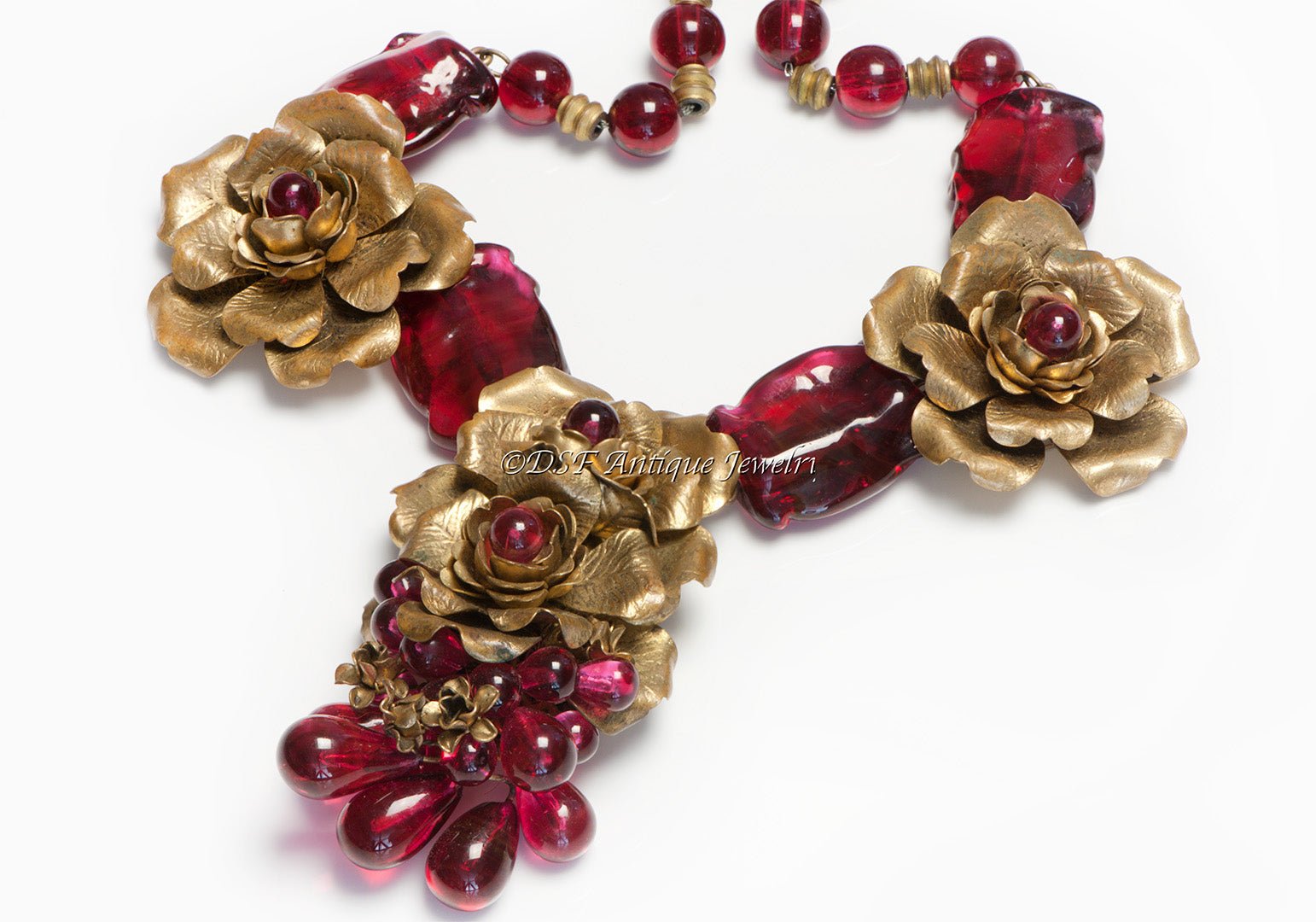 Chanel Paris Louis Rousselet 1930's Red Poured Glass Camellia Necklace