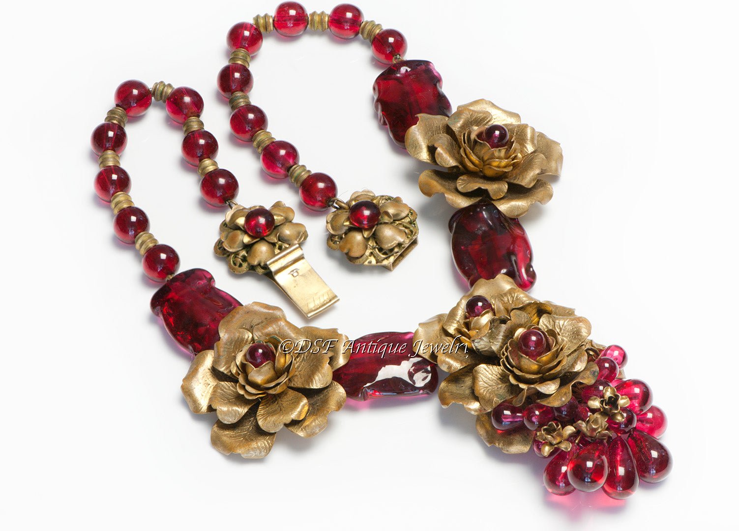 Chanel Paris Louis Rousselet 1930's Red Poured Glass Camellia Necklace