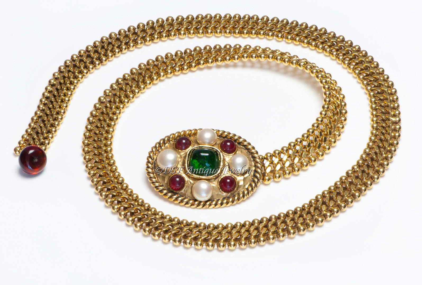 Chanel Paris Maison Gripoix 1960’s Red Green Poured Glass Pearl Chain Belt - DSF Antique Jewelry