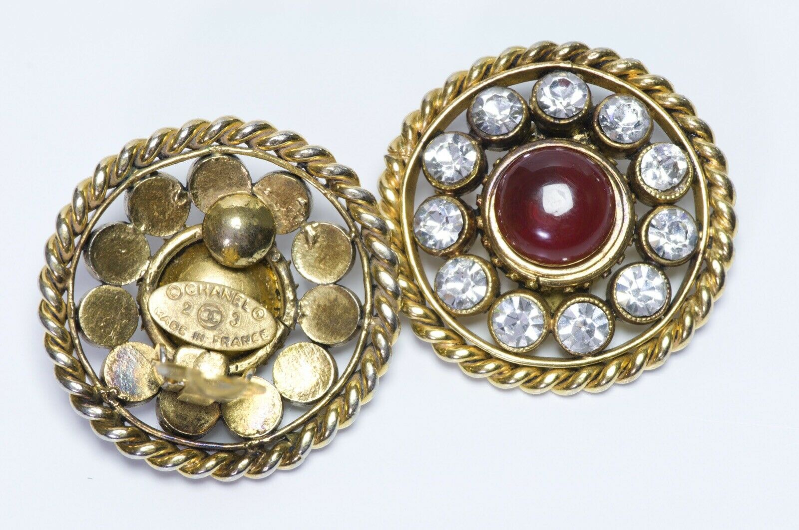 CHANEL Paris Maison Gripoix 1980’s Red Glass Crystal Round Earrings