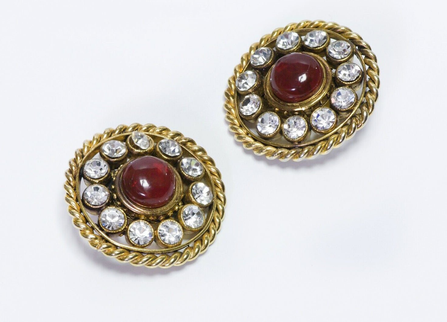 CHANEL Paris Maison Gripoix 1980’s Red Glass Crystal Round Earrings