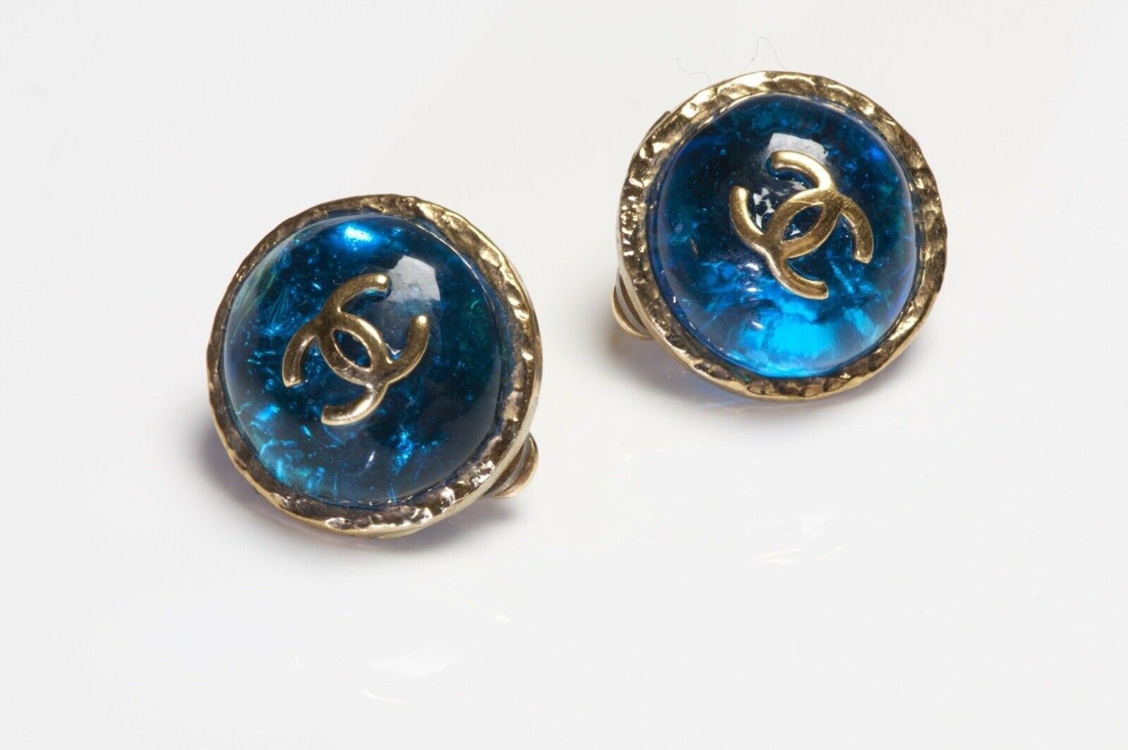 CHANEL Paris Maison Gripoix Blue Poured Glass CC Earrings - DSF Antique Jewelry