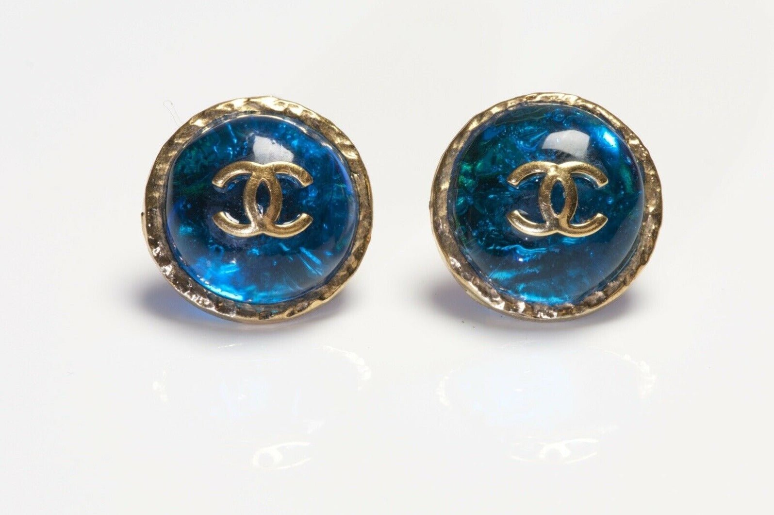 CHANEL Paris Maison Gripoix Blue Poured Glass CC Earrings - DSF Antique Jewelry
