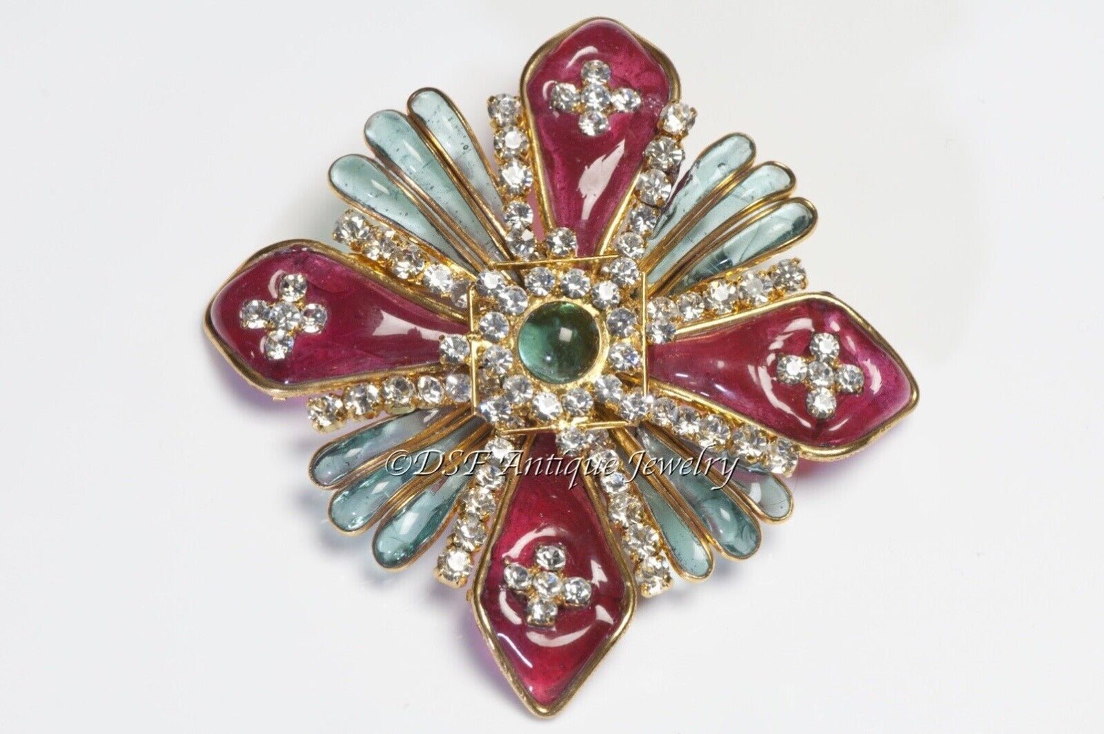CHANEL Paris Maison Gripoix Red Blue Glass Crystal Cross Flower Brooch - DSF Antique Jewelry