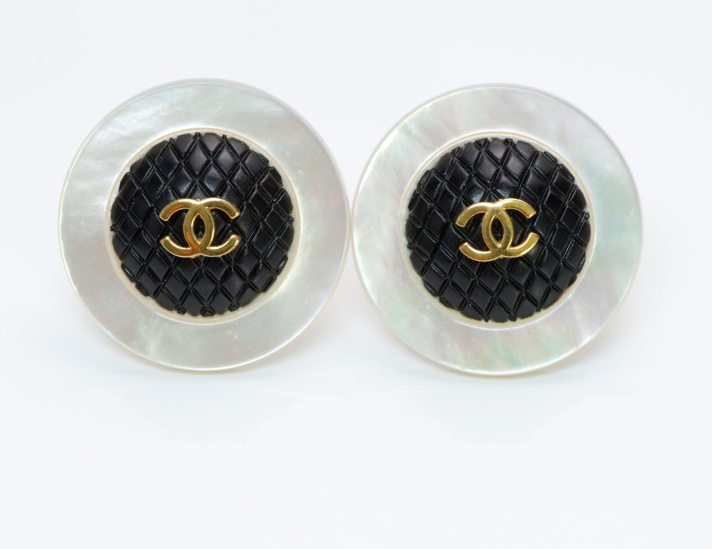 Chanel Paris Mother of Pearl CC Black Quilted Earrings - DSF Antique Jewelry