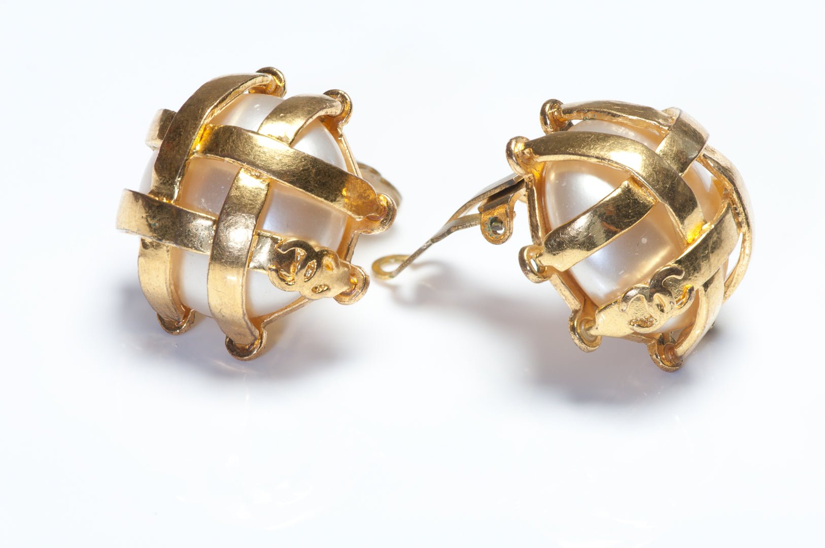 Chanel Paris Spring 1993 CC Gold Plated Caged Pearl Earrings