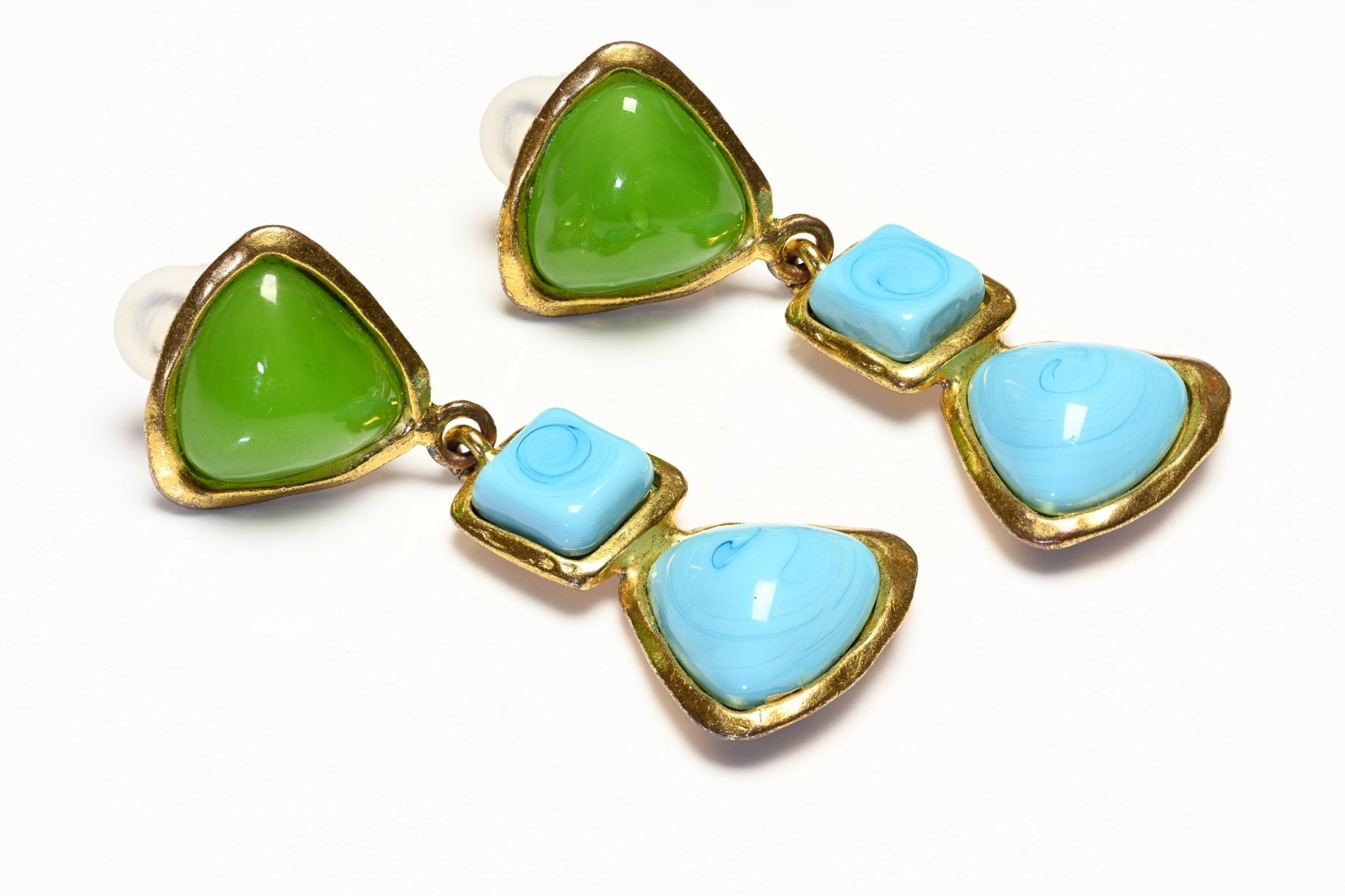Chanel Paris Spring 1993 Maison Gripoix Green Blue Glass Earrings - DSF Antique Jewelry