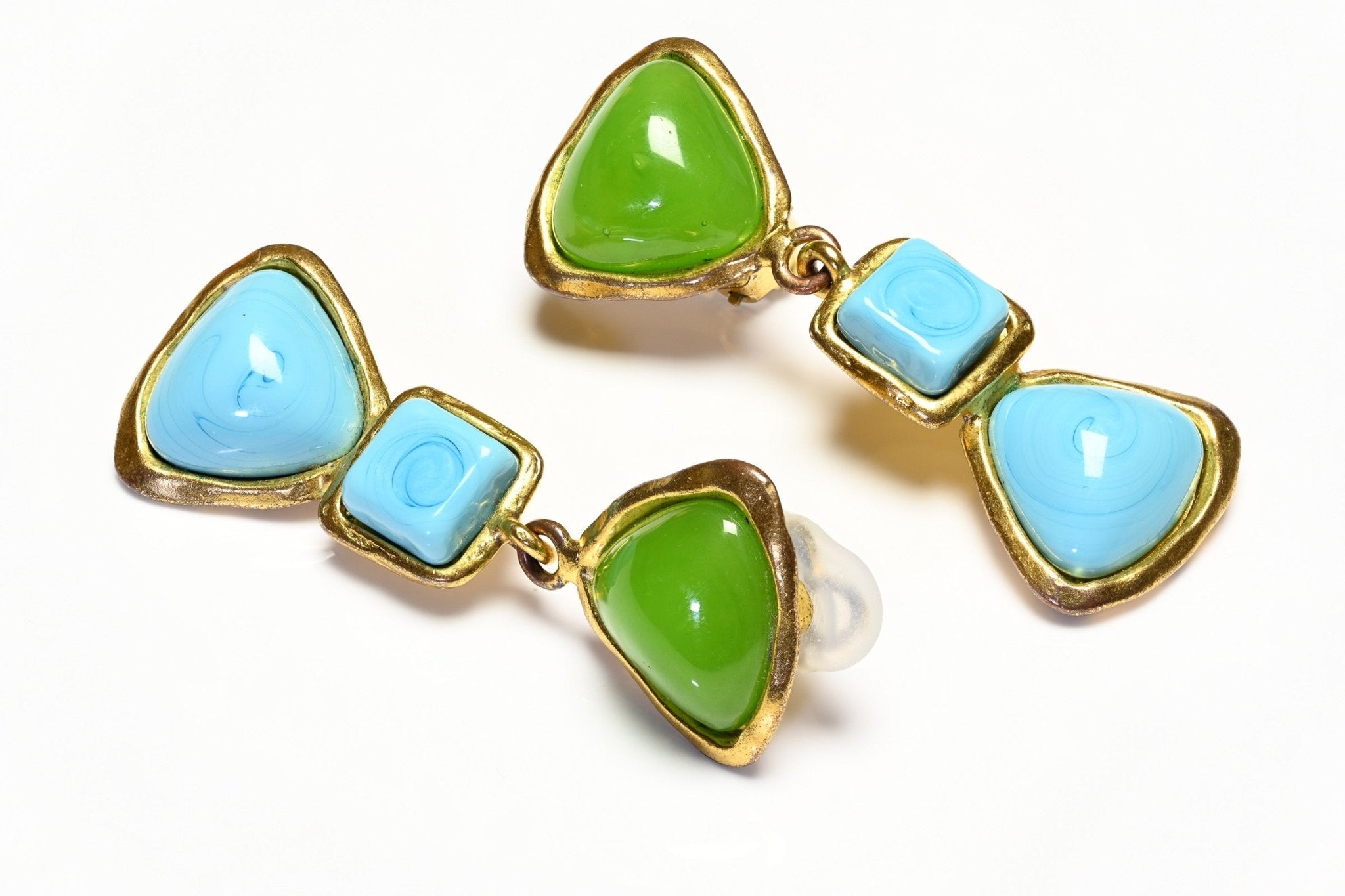 Chanel Paris Spring 1993 Maison Gripoix Green Blue Glass Earrings - DSF Antique Jewelry
