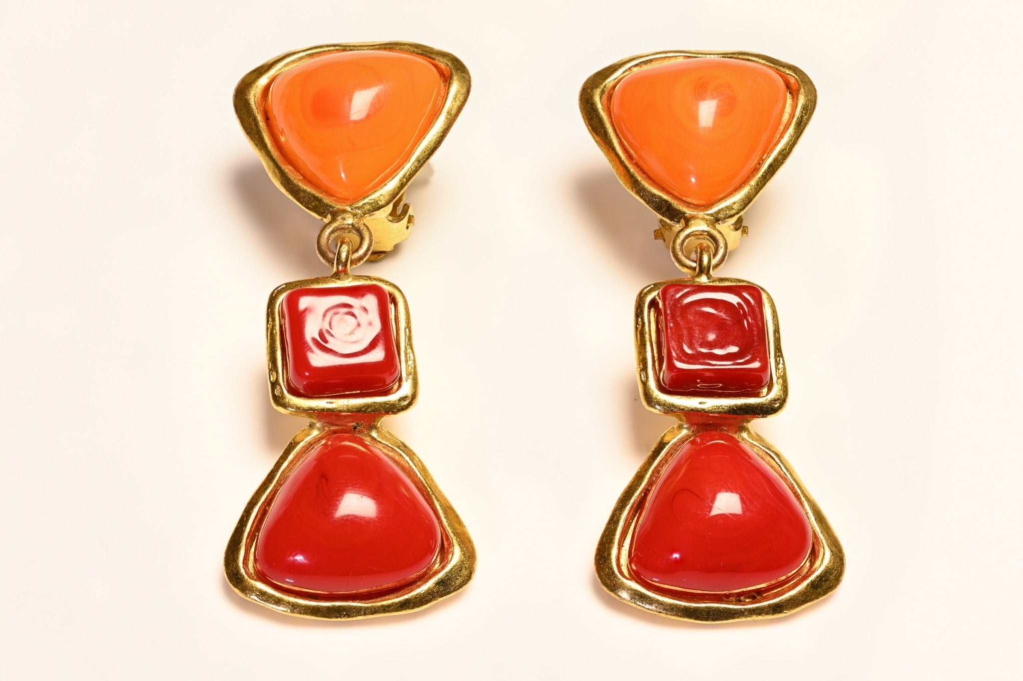 Chanel Paris Spring 1993 Maison Gripoix Long Red Orange Poured Glass Earrings