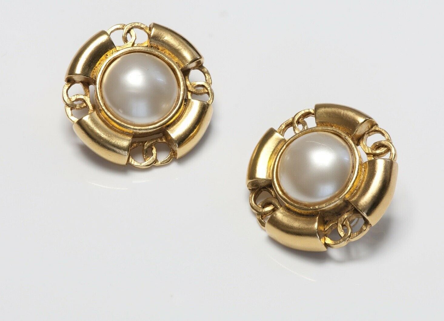 CHANEL Paris Spring 1994 Gold Plated CC Pearl Earrings - DSF Antique Jewelry