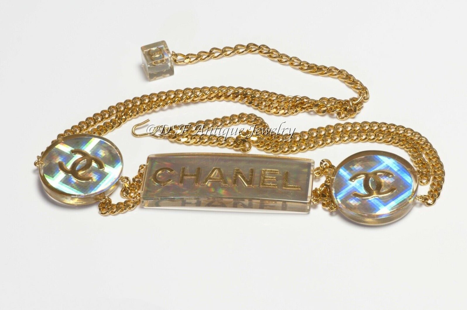 CHANEL Paris Spring 1997 CC Holographic Lucite Charm Chain Belt - DSF Antique Jewelry