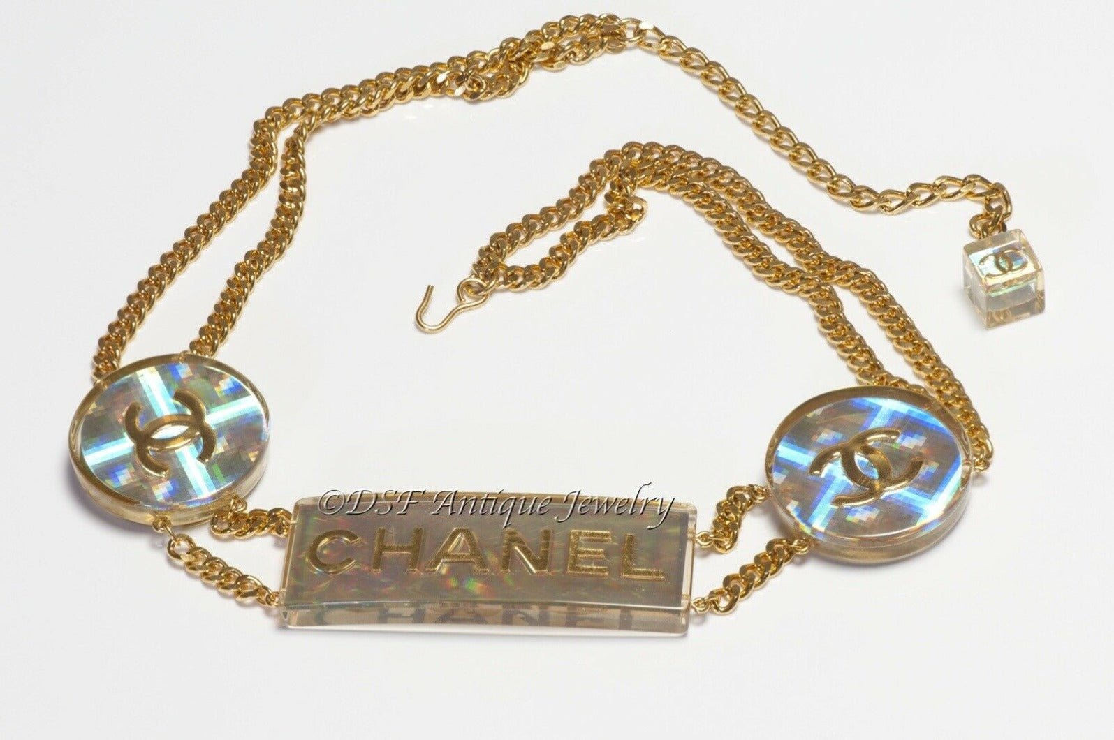 CHANEL Paris Spring 1997 CC Holographic Lucite Charm Chain Belt - DSF Antique Jewelry