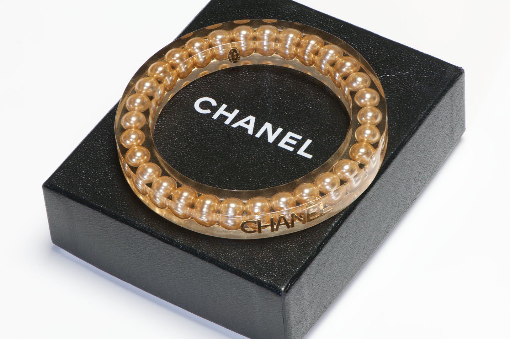 Chanel Paris Spring 1997 Pearl Lucite Logo CC Bangle Bracelet