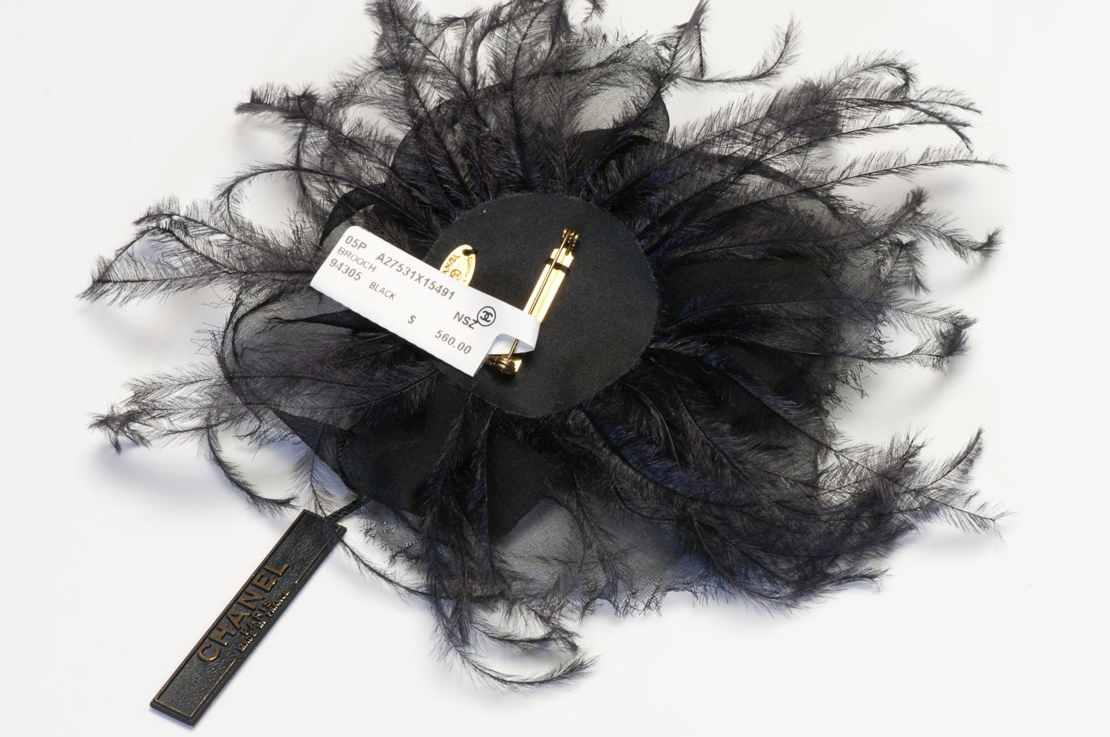 Chanel Paris Spring 2005 Black 100% Silk Feather Camellia Flower Brooch