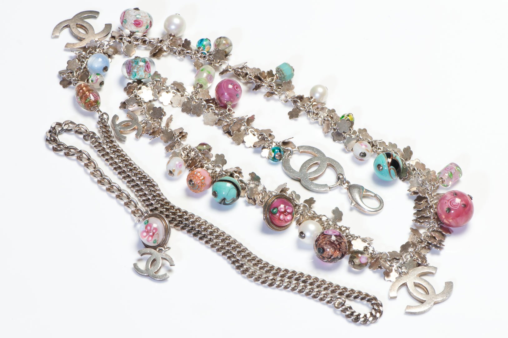 Chanel Paris Spring 2005 Murano Glass Beads Camellia Charm CC Chain Belt - DSF Antique Jewelry