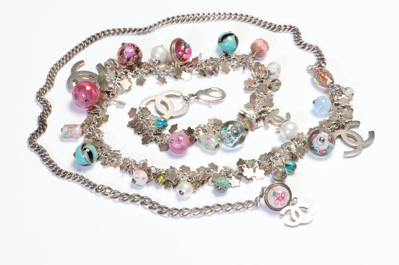 Chanel Paris Spring 2005 Murano Glass Beads Camellia Charm CC Chain Belt