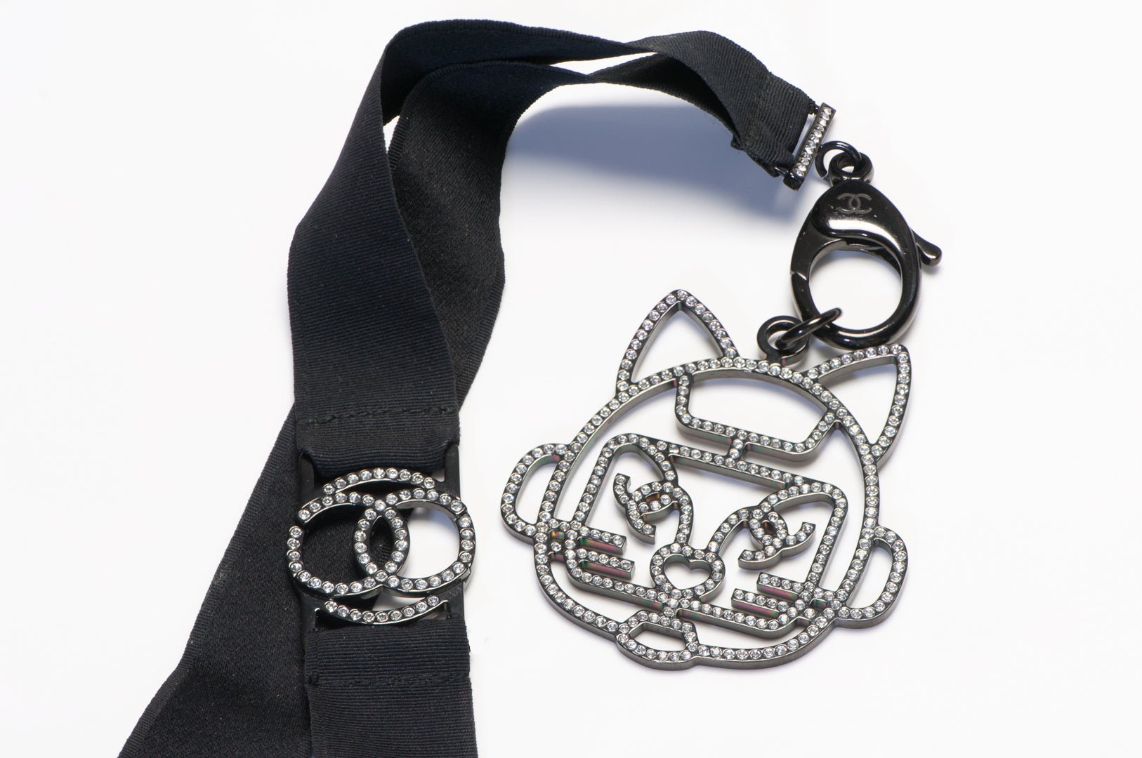 Chanel Paris Spring 2017 Black Ribbon Crystal CC Cat Pendant Necklace