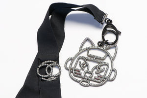 Chanel Paris Spring 2017 Black Ribbon Crystal CC Cat Pendant Necklace