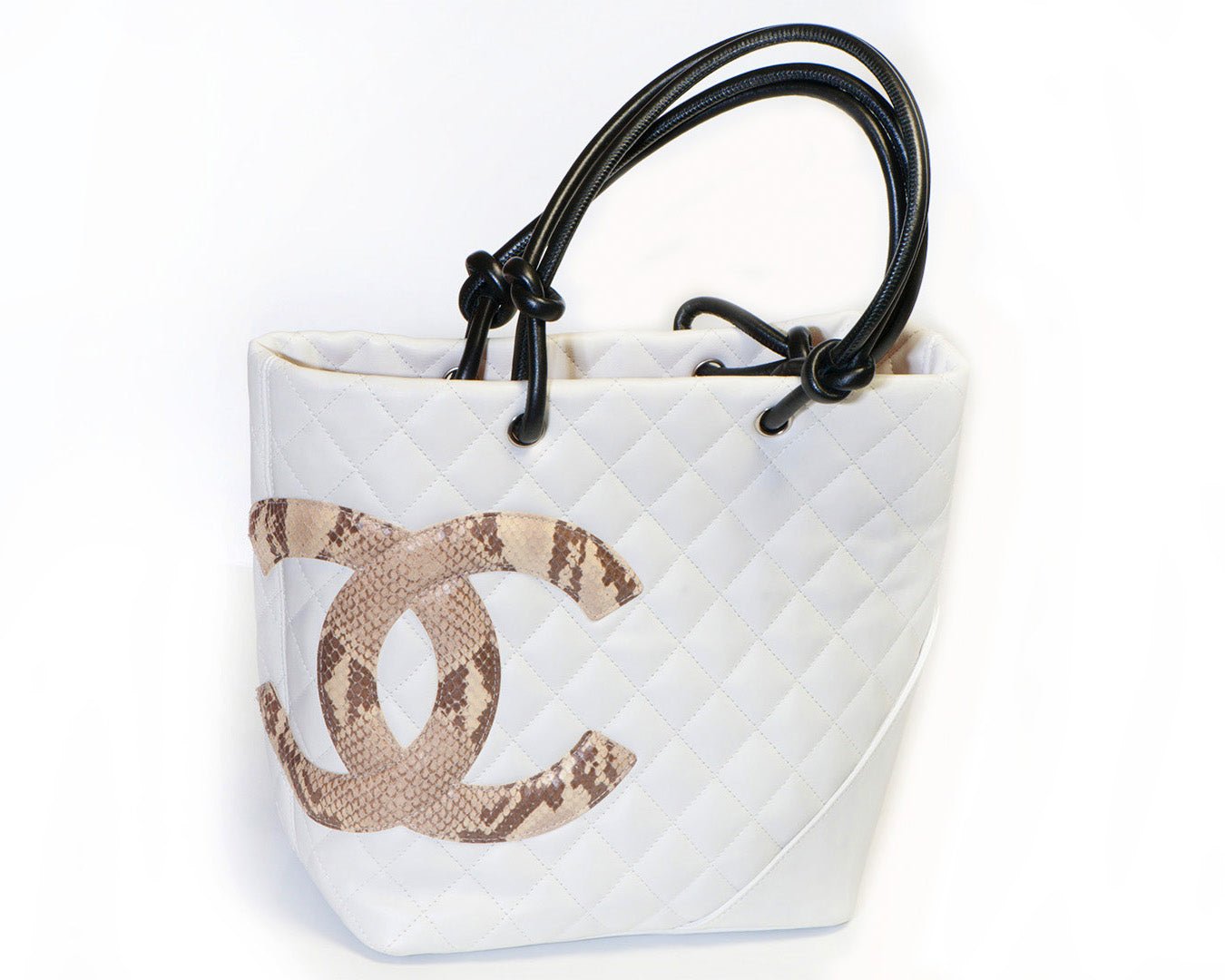 Chanel Paris White Quilted Leather Snakeskin CC Cambon Tote Bag