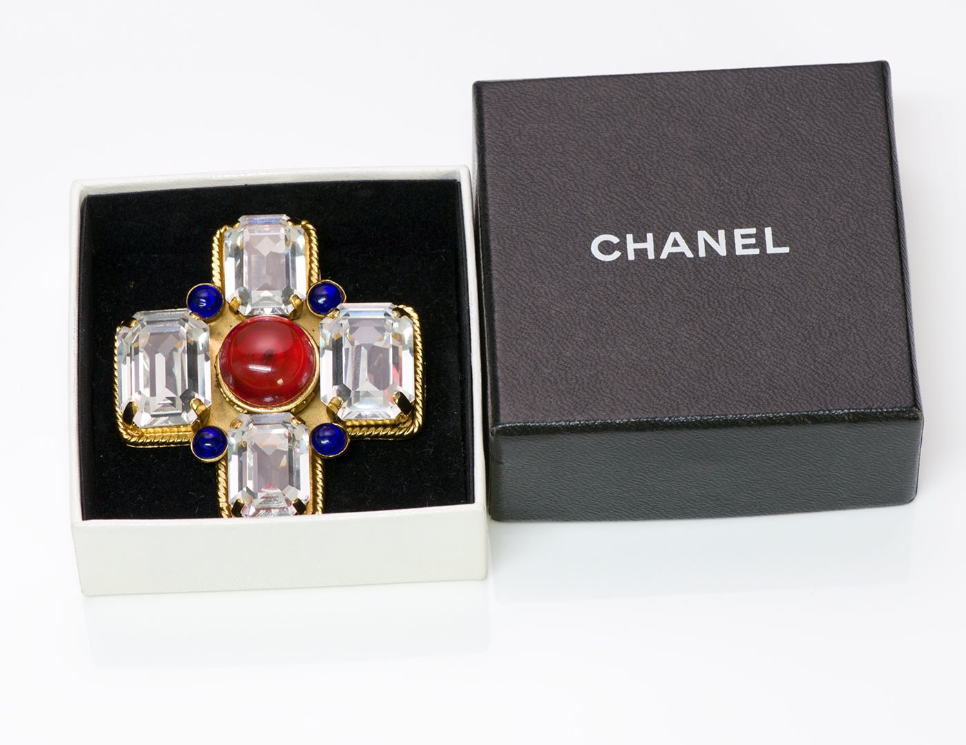 Chanel Red Blue Gripoix Glass Cross Brooch