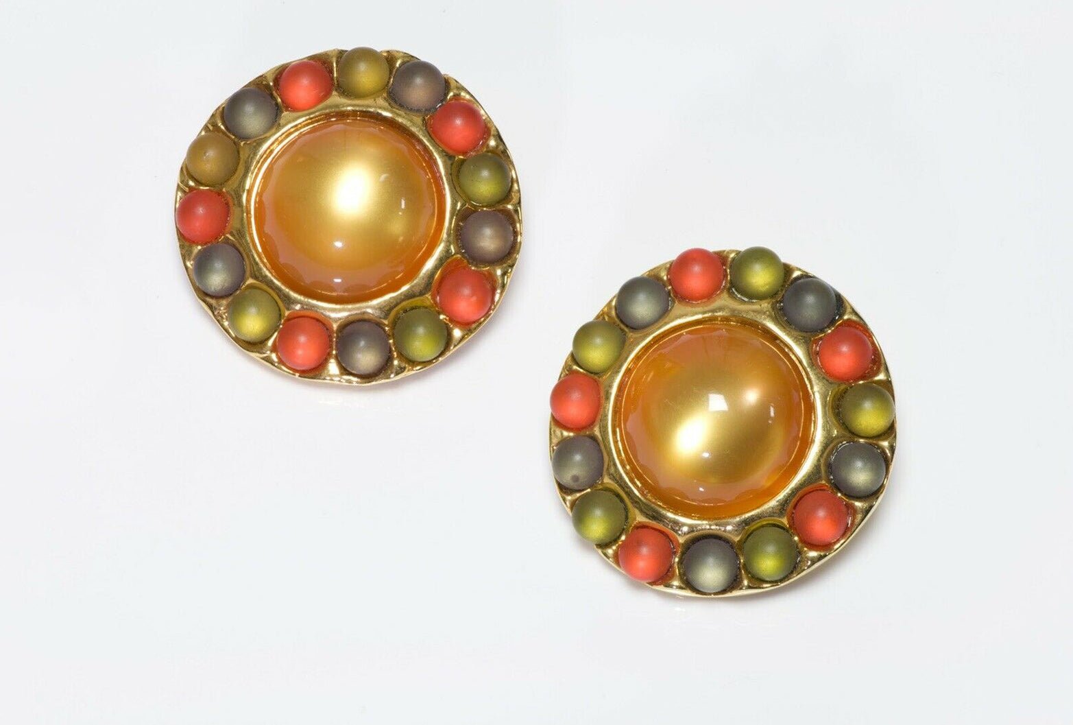 CHANEL Runway 1991 Multicolor Cabochon Glass Large Round Earrings - DSF Antique Jewelry