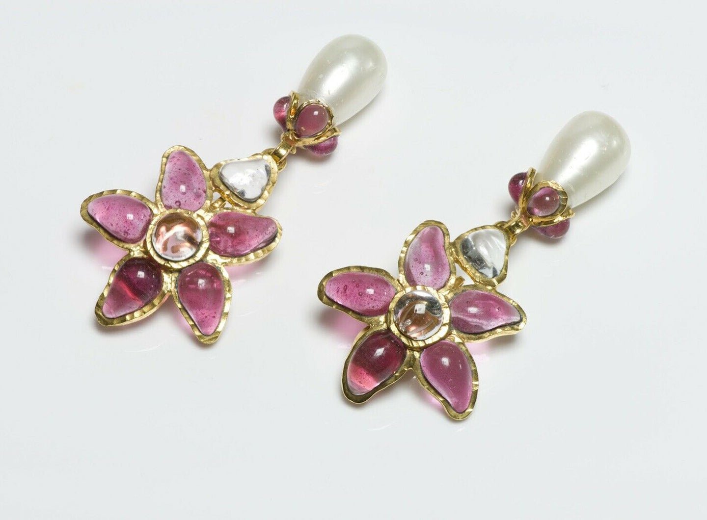 CHANEL Spring 1995 Maison GRIPOIX Camellia Flower Pink Glass Pearl Drop Earrings - DSF Antique Jewelry