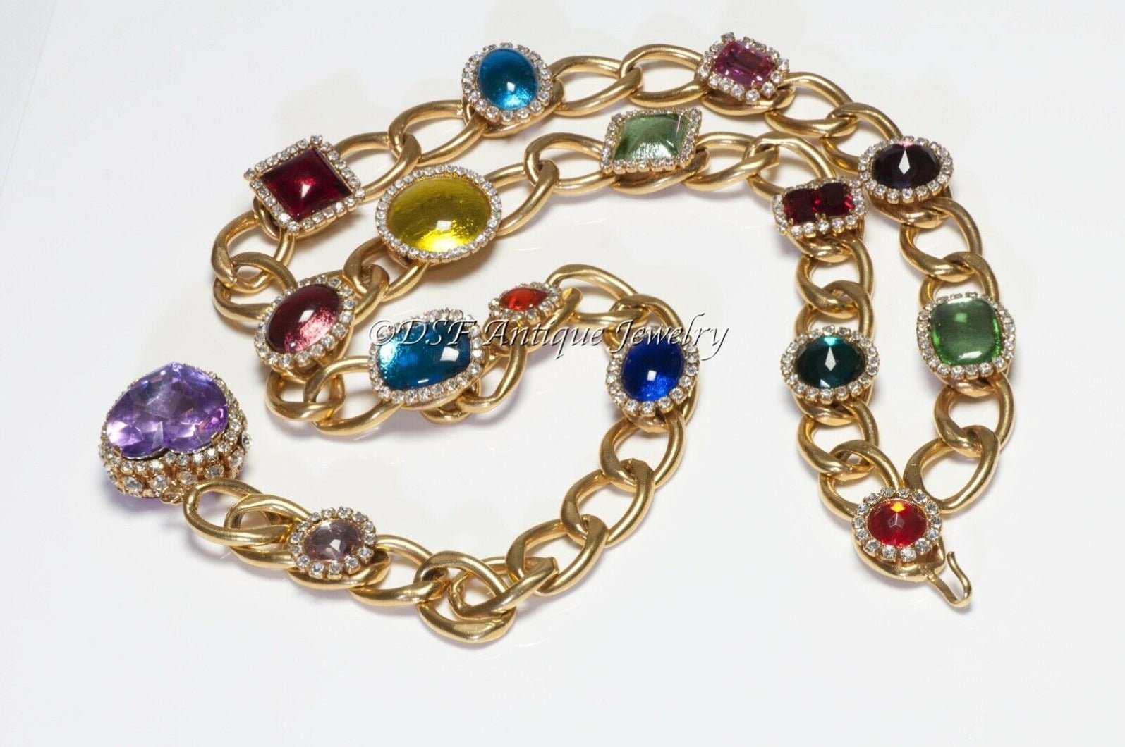 CHANEL Spring 1995 Multicolored Crystal Lucite Heart Chain Belt - DSF Antique Jewelry