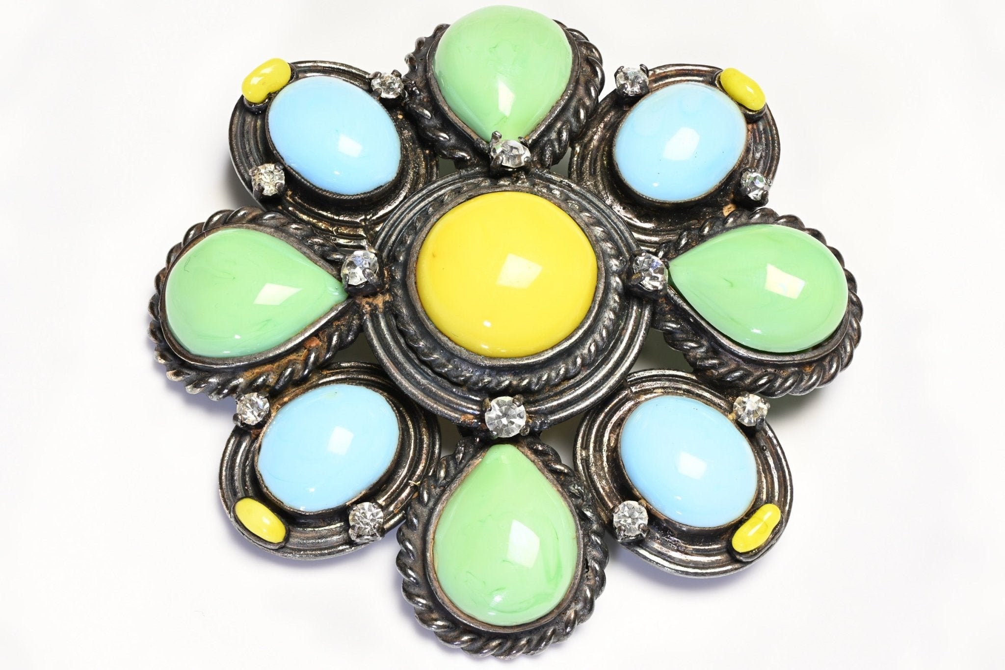 Chanel Spring 1996 Gripoix Blue Green Yellow Glass Camellia Flower Pendant Brooch