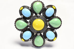 Chanel Spring 1996 Gripoix Blue Green Yellow Glass Camellia Flower Pendant Brooch