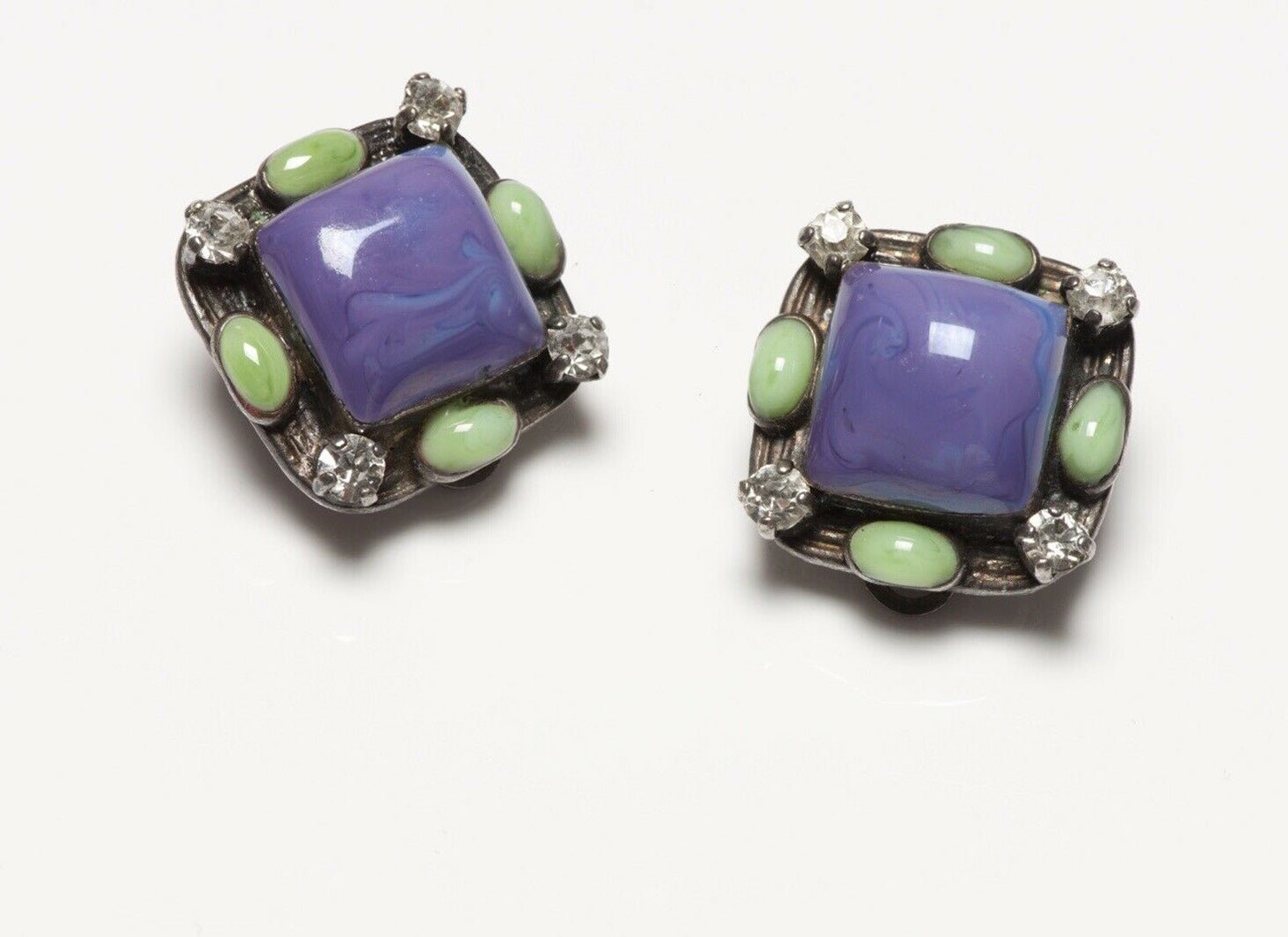 CHANEL Spring 1996 Gripoix Purple Green Poured Glass Earrings
